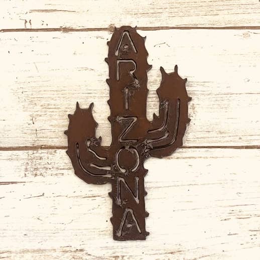 Rustic metal saguaro cactus magnet with ARIZONA letters