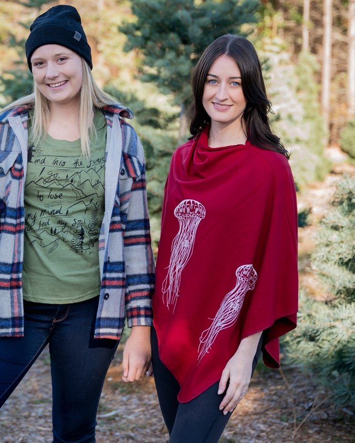 Scarlet Red Poncho with Jellyfish Print