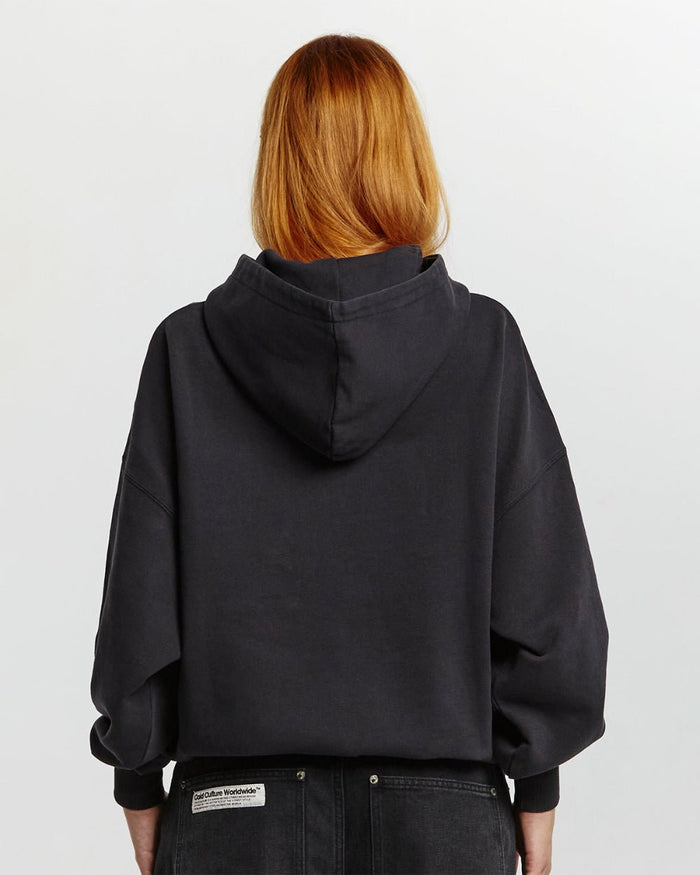 SHINY COLD HOODIE BLACK - washed black oversized hoodie, back view on female model - Cold Culture #woman