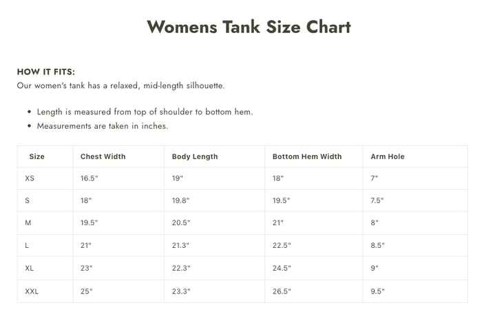 Womens Tank Size Chart showing measurements table with chest width body length bottom hem width and arm hole
