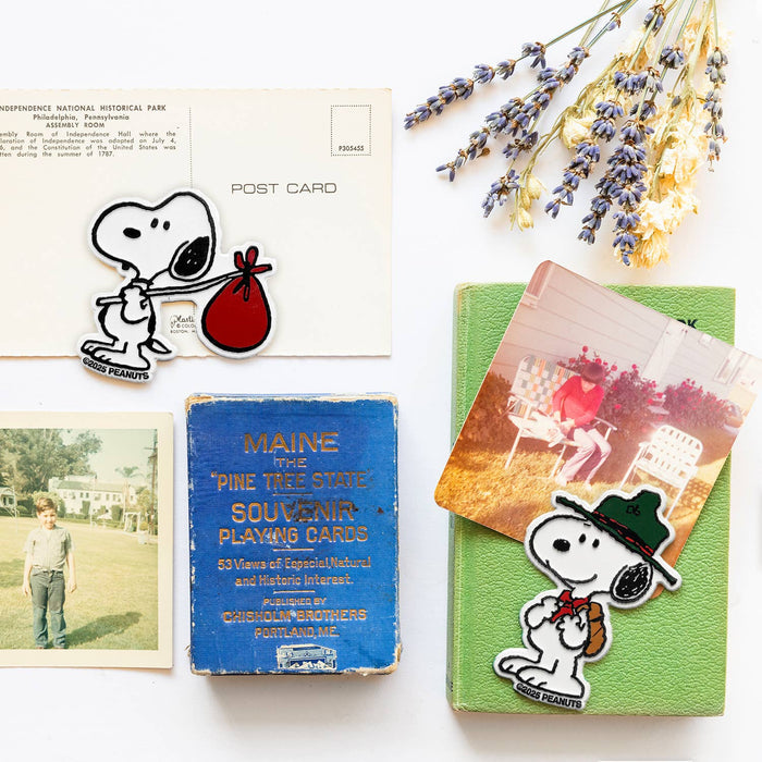 Snoopy patch wearing a green hat affixed to a green book with photos nearby