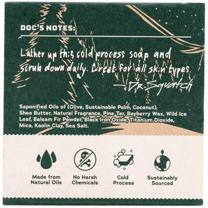 Snowy Pine Tar Bar Soap packaging featuring Doc's Notes branding and icons for natural oils and sustainability