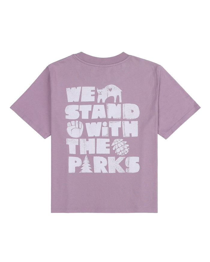 Back view of lavender Stand with Parks Boxy Tee showing a large white We Stand With The Parks graphic