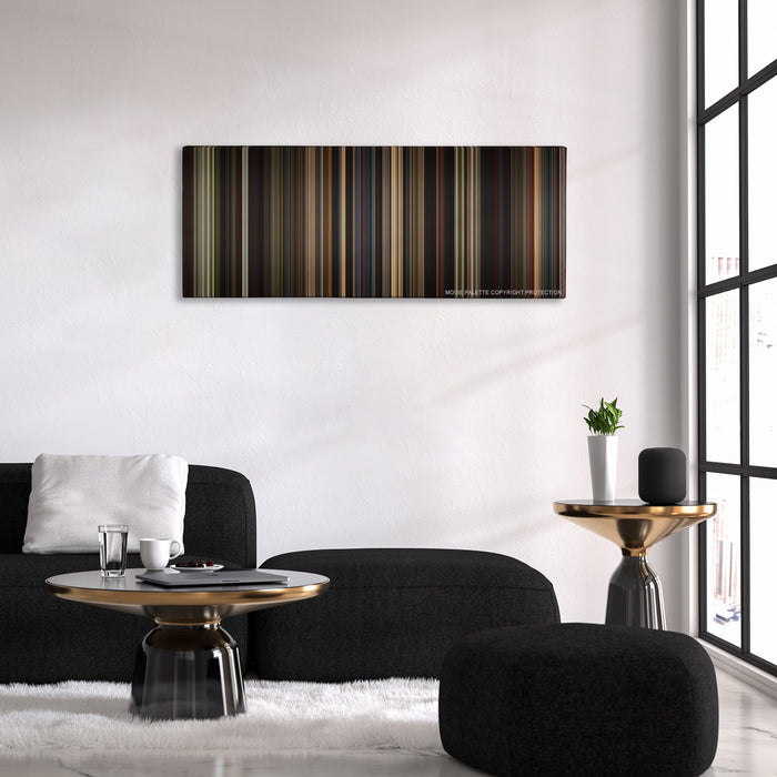 Straight Outta Compton color palette canvas above a black sofa with a gold-topped table