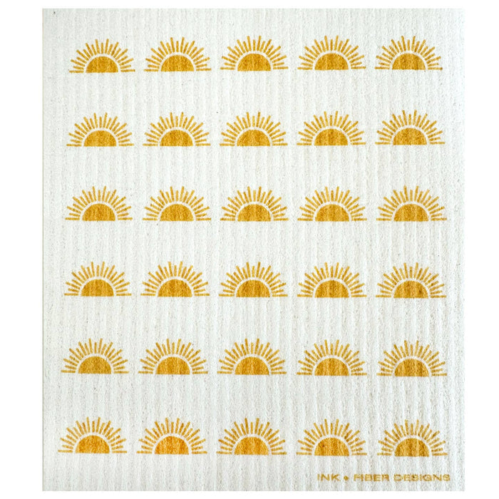 Sun Filled Swedish Dishcloth featuring rows of orange sun icons on a white textured background.