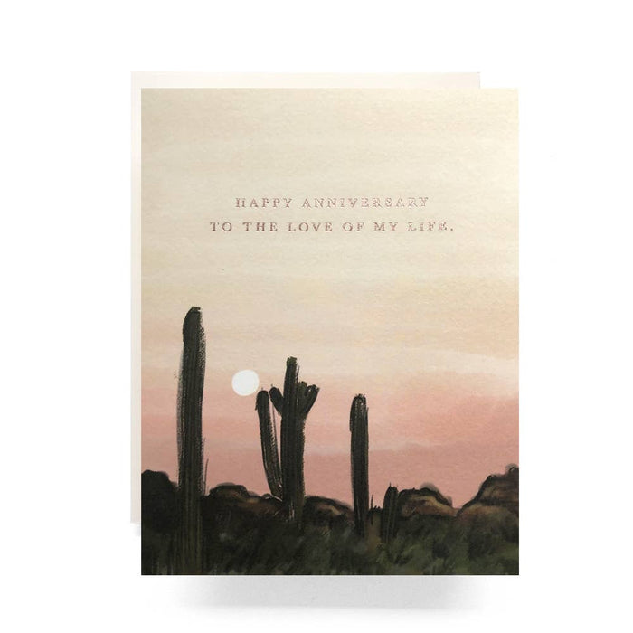 Sunset Anniversary card featuring desert silhouettes of cacti against a pinkish sky and the text Happy Anniversary to the love of my life