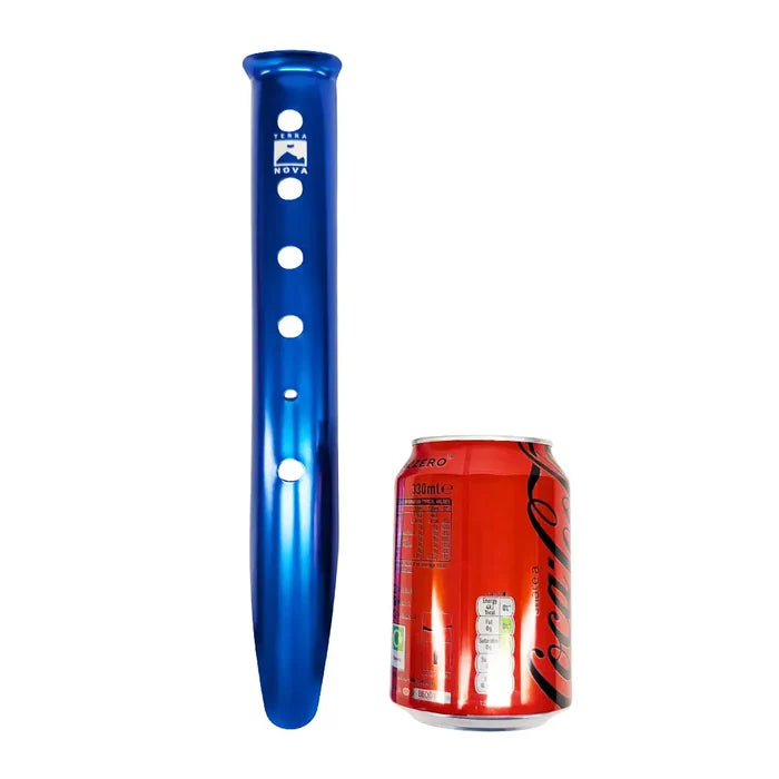 Terra Nova Aluminium Alloy SOS tent peg stake in blue colour shown next to a drinks can showing the relative size
