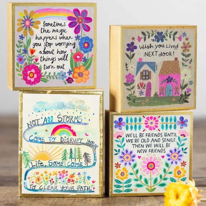 Set of Tiny Block Keepsakes featuring cheerful floral designs and friendship quotes