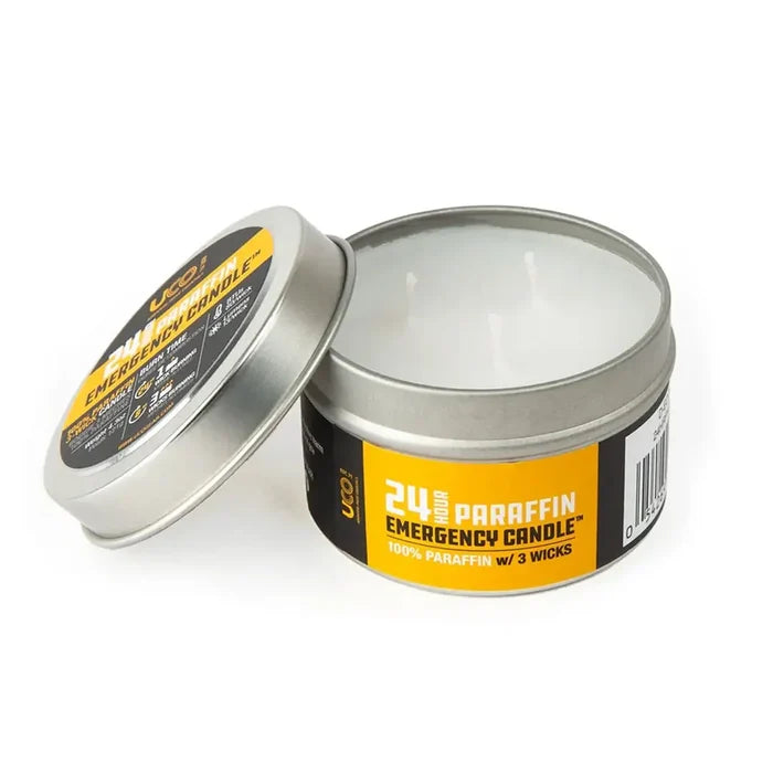 UCO 24 hour emergency candle tin with the lid off showing the three wicks