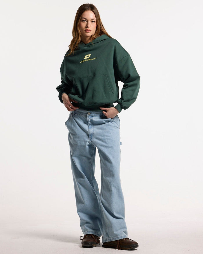 V1 CARPENTER PANTS LIGHT DENIM - light blue denim carpenter pants, front view on female model - Cold Culture #woman