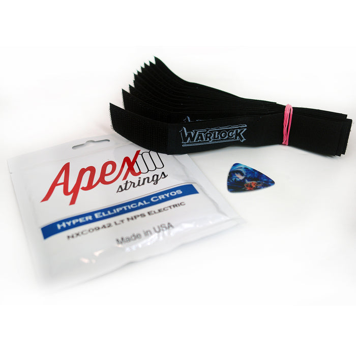A set of Doro electric guitar strings in a white package, a black Doro Warlock strap with Warlock, and a blue pick with a colorful design—perfect for any Limited Edition Guitar—all shown on a white background.