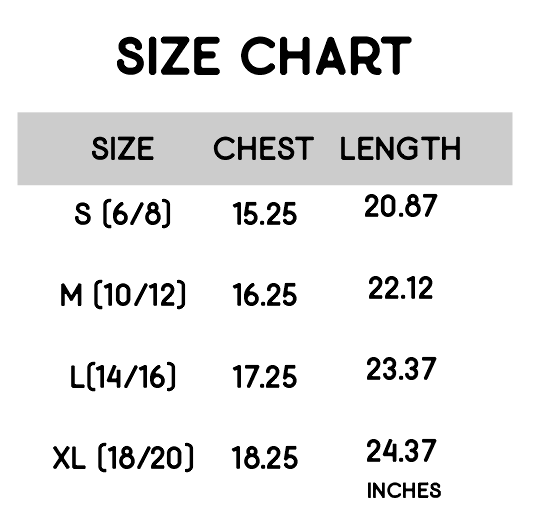 Youth tee size chart showing chest and length measurements for sizes S to XL