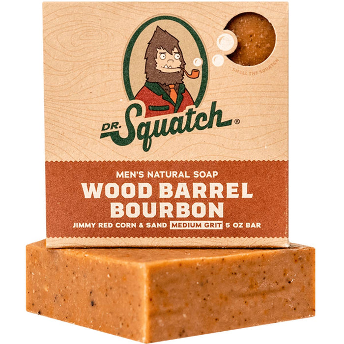 Dr Squatch Wood Barrel Bourbon soap box with the bar visible beneath.