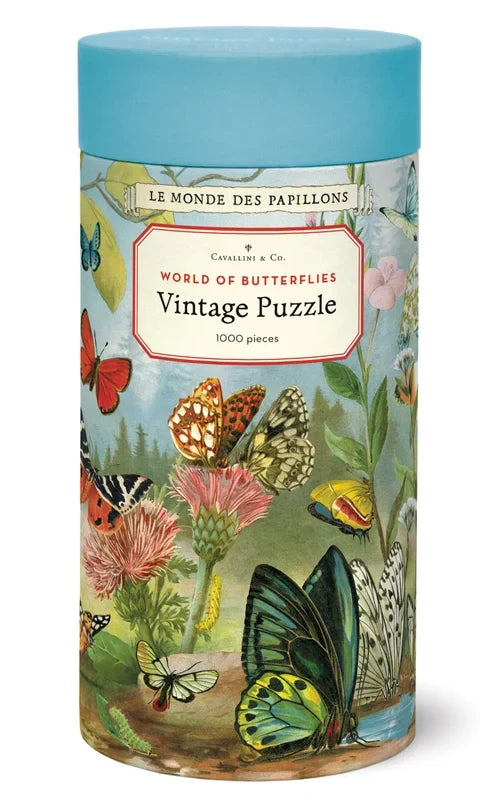 World of Butterflies Vintage Puzzle tin with blue lid and vibrant butterfly scenes