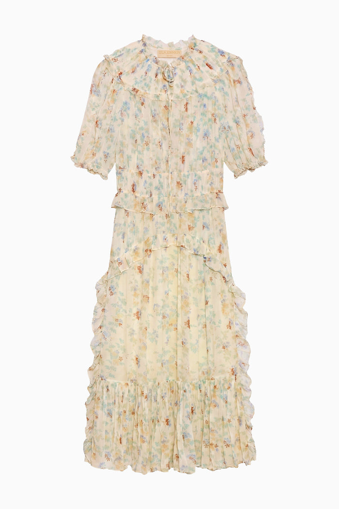 Moon Petal Floral Silk Chiffon Designer Midi Dress - Flat Lay | Ulla Johnson