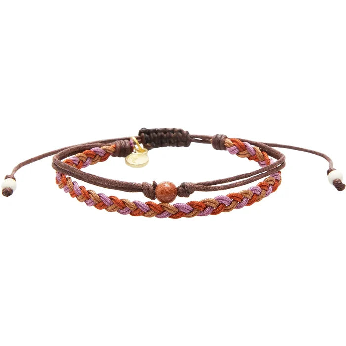 Zion National Park Bracelet with braided multicolor strand on brown cord plus a gold charm and a round bead.