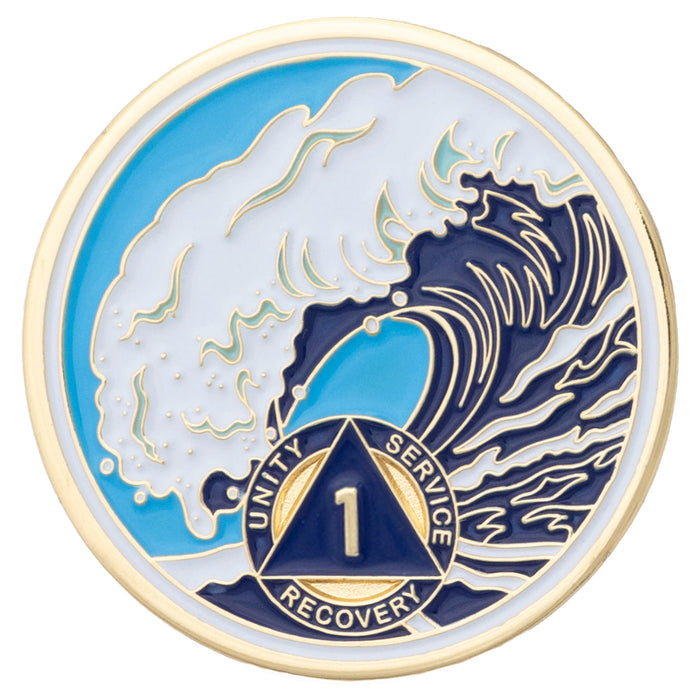 1 Year Sobriety Mint Crashing Wave Gold Plated AA Recovery Medallion - One Year Chip/Coin - Blue/White