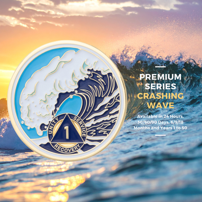 1 Year Sobriety Mint Crashing Wave Gold Plated AA Recovery Medallion - One Year Chip/Coin - Blue/White