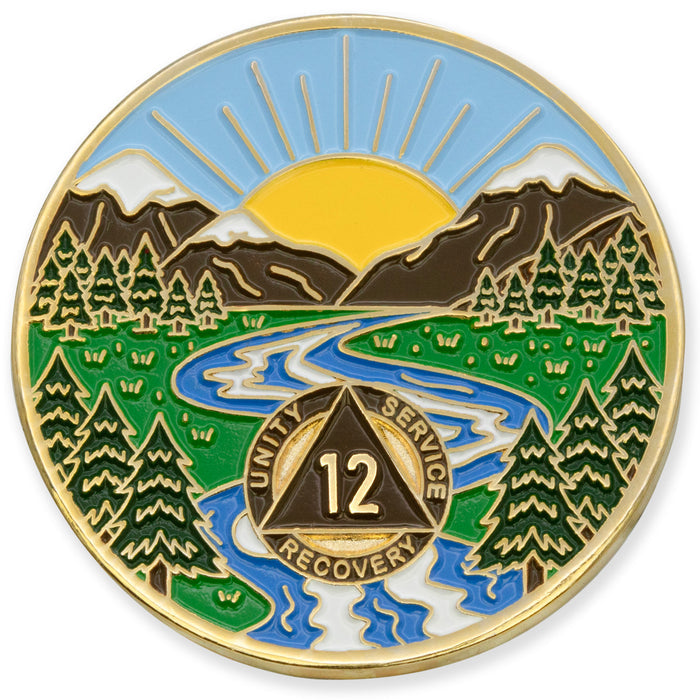 12 Year Sobriety Mint Winding River Gold Plated AA Recovery Medallion - Twelve Year Chip/Coin + Velvet Box