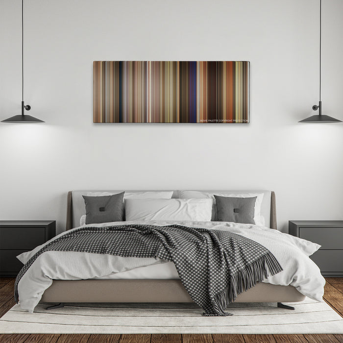 17 Again color palette canvas above a bed, between two black pendant lamps
