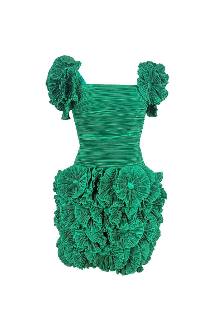 1980s Emerald Pleated Sculpt Mini Dress