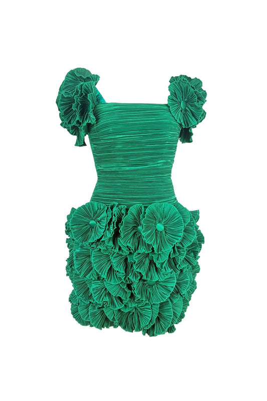 1980s Emerald Pleated Sculpt Mini Dress