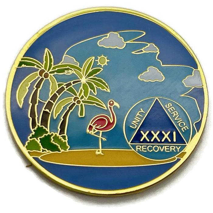 31 Year Beach Themed Specialty Tri-Plated AA Recovery Medallion - Thirty One Year Chip/Coin