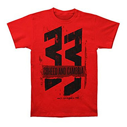 A red Coheed and Cambria t-shirt with large black distressed 33 numbers and the bands name printed across the front.