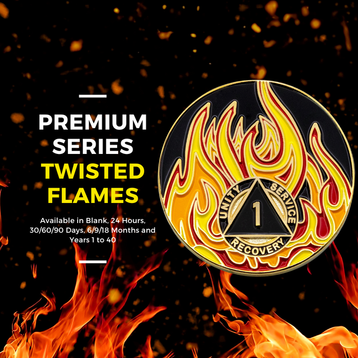 36 Year Sobriety Mint Twisted Flames Gold Plated AA Recovery Medallion/Chip/Coin - Black/Red/Orange/Yellow