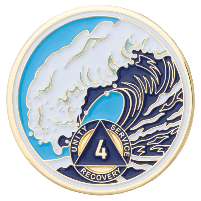 4 Year Sobriety Mint Crashing Wave Gold Plated AA Recovery Medallion - Four Year Chip/Coin - Blue/White
