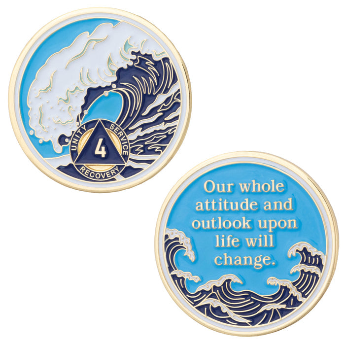 4 Year Sobriety Mint Crashing Wave Gold Plated AA Recovery Medallion - Four Year Chip/Coin - Blue/White