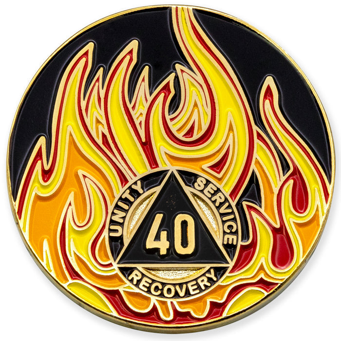 40 Year Sobriety Mint Twisted Flames Gold Plated AA Recovery Medallion/Chip/Coin - Black/Red/Orange/Yellow