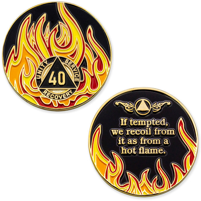 40 Year Sobriety Mint Twisted Flames Gold Plated AA Recovery Medallion/Chip/Coin - Black/Red/Orange/Yellow