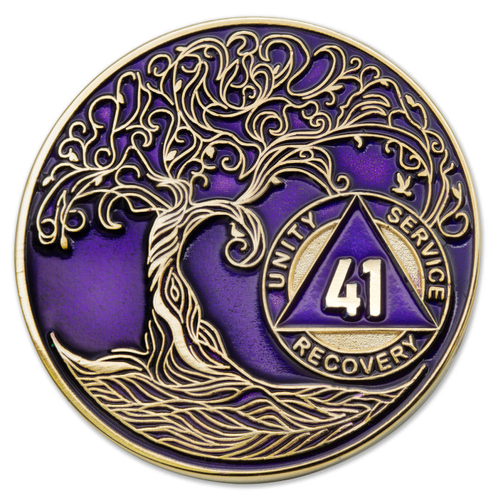 41 Year Sobriety Mint Twisted Tree of Life Gold Plated AA Recovery Medallion/Chip/Coin - Purple + Velvet Box