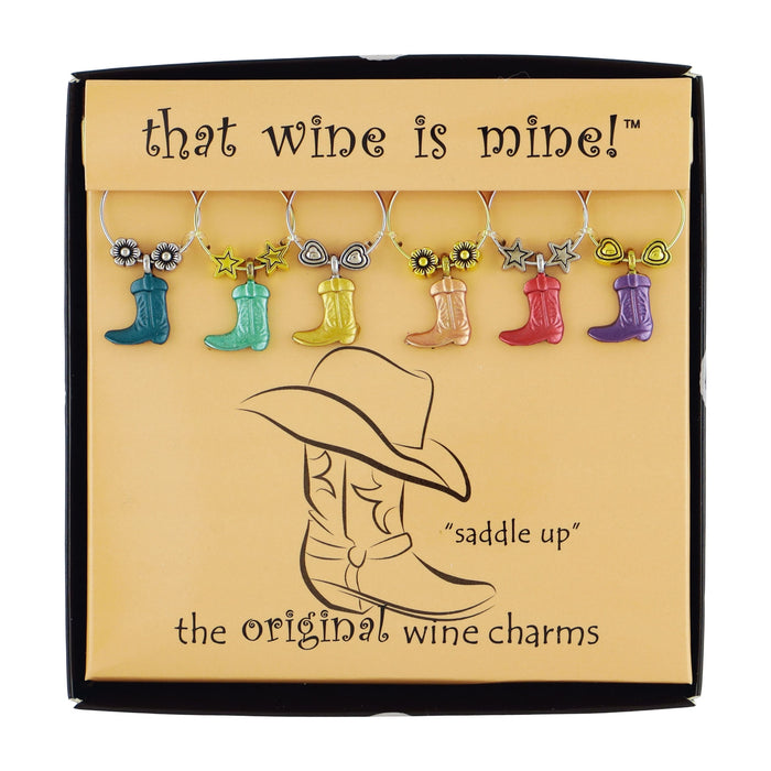 Six colorful boot shaped wine charms on rings with flower star and heart accents