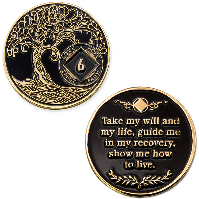 6 Year Sobriety Mint Twisted Tree of Life Gold Plated NA Recovery Medallion - Six Year Chip/Coin - Black