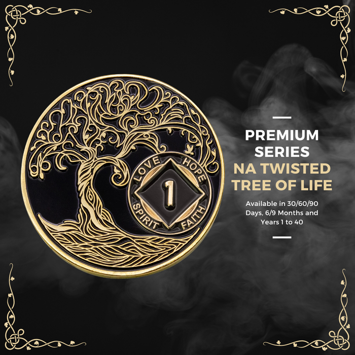 6 Year Sobriety Mint Twisted Tree of Life Gold Plated NA Recovery Medallion - Six Year Chip/Coin - Black