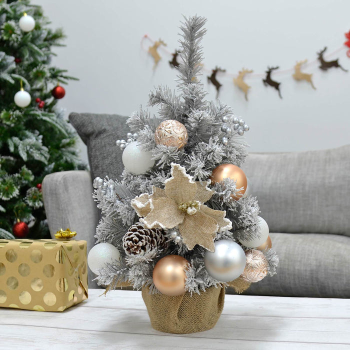 60cm Snowy Grey Xmas Mini Tree With Gold/Silver Decorations