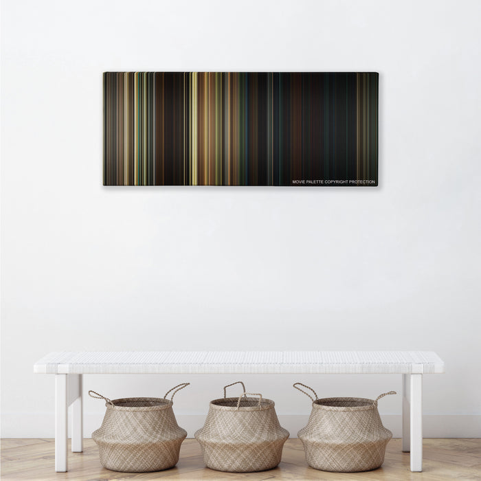 A Quiet Place color palette canvas above a white bench with three woven baskets