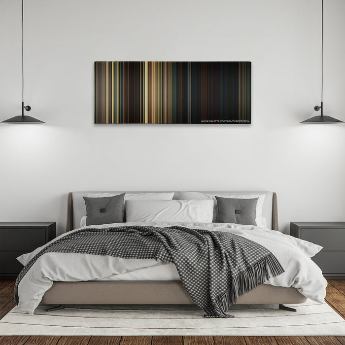 A Quiet Place color palette canvas above a bed, between two black pendant lamps