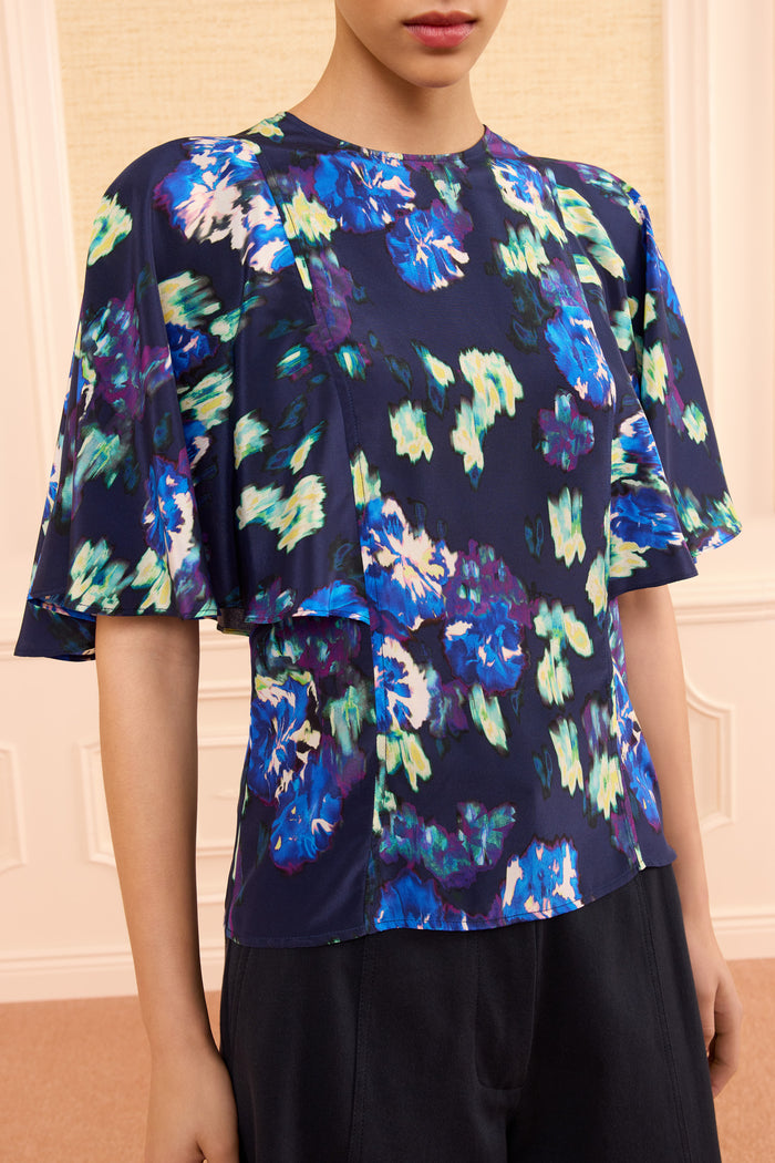 Navy Ikat Floral Silk Blouse - Cape Sleeve Detail Close-Up | Ulla Johnson