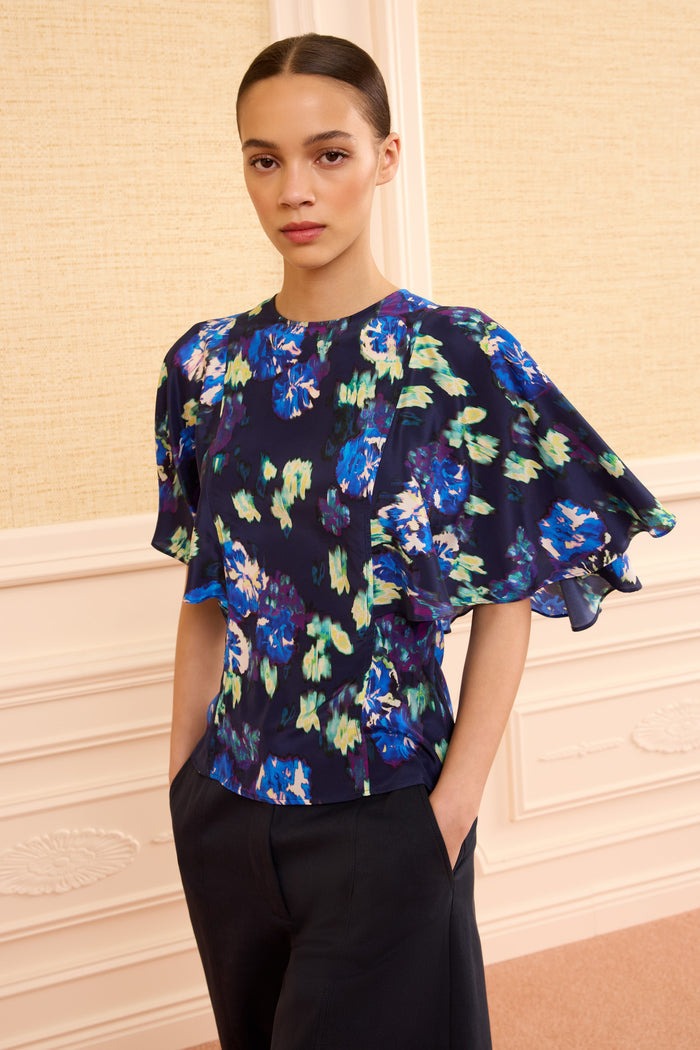 Navy Ikat Floral Silk Blouse - Front Three-Quarter On Model | Ulla Johnson