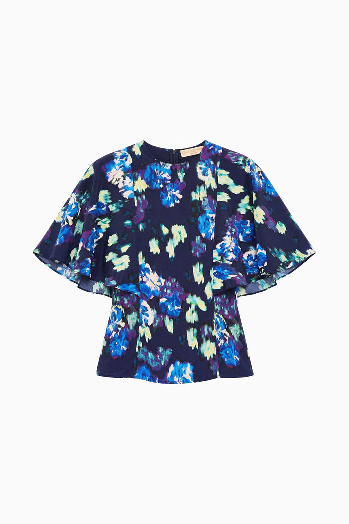 Navy Ikat Floral Silk Blouse - Flat Lay, Designer Luxury Top | Ulla Johnson
