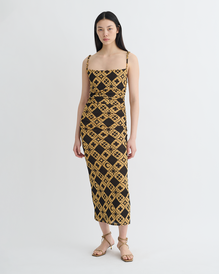 Alexa - Printed Mesh Jersey Midi Dress - Symbol Tile Oak