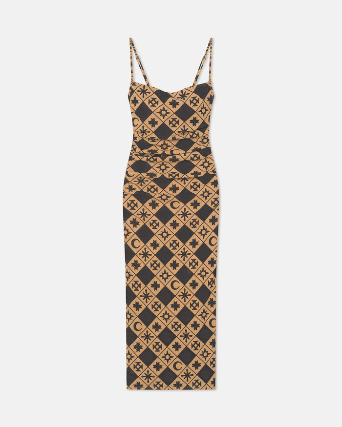 Alexa - Printed Mesh Jersey Midi Dress - Symbol Tile Oak