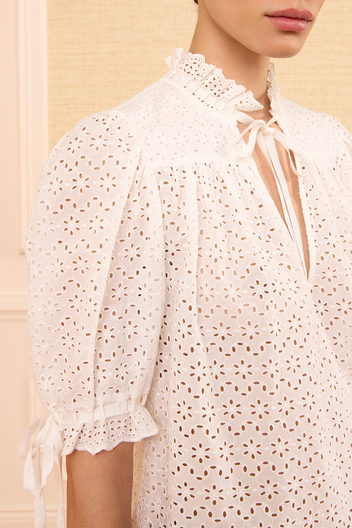 Alouette Cotton Eyelet Top - Floral Broderie & Tie Sleeve Close-Up Detail | Ulla Johnson