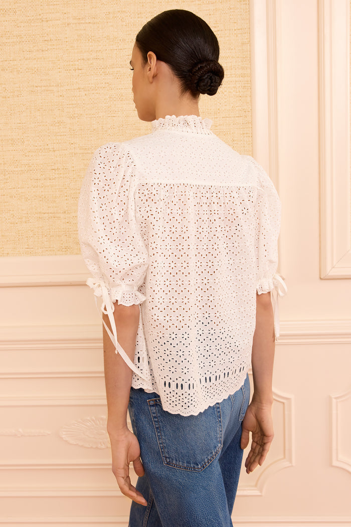 Pristine White Luxury Cotton Eyelet Top - Back View, Scallop Hem & Tie Cuffs | Ulla Johnson