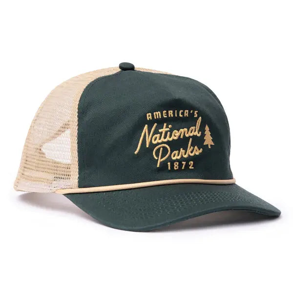 Dark green front trucker hat with beige mesh back and gold embroidery reading America's National Parks 1872.