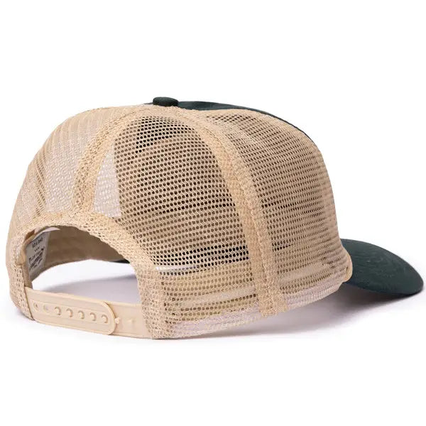 Back view of beige mesh trucker hat with adjustable strap.