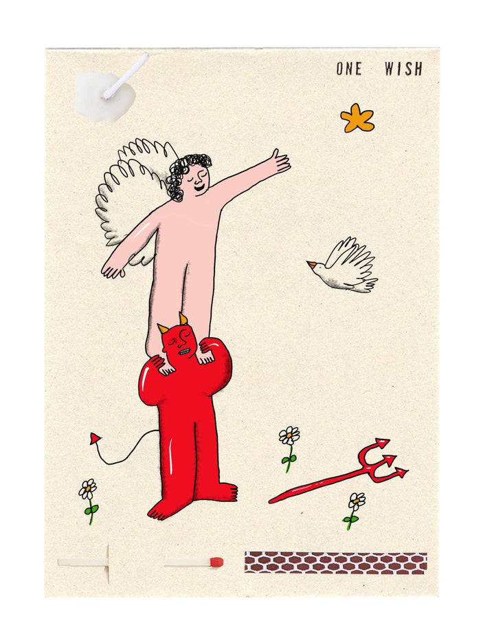 Illustration of a winged angel figure on a red devil's shoulders, a dove, and a pitchfork on a beige background. Candle wax and wick in the top left corner of the card.